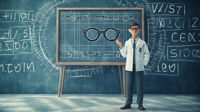 A doctor explains glasses on a chalkboard in a classroom setting.