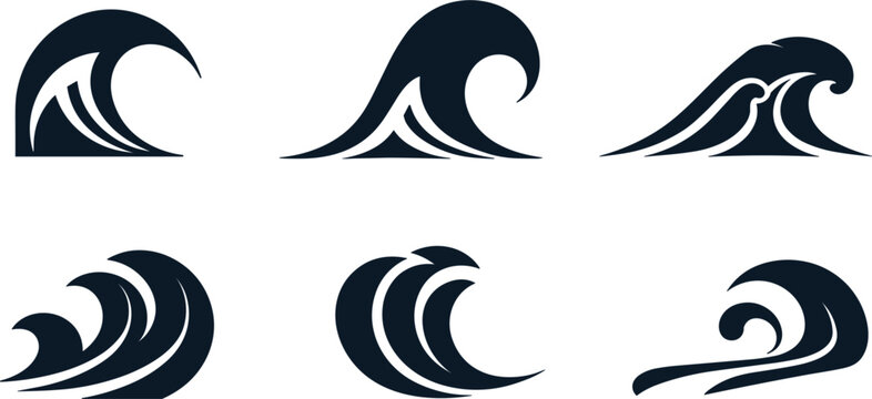 Ocean Wave Collection Vector Set, Abstract Sea Surf Logo Icons and Nautical Design Elements Illustration