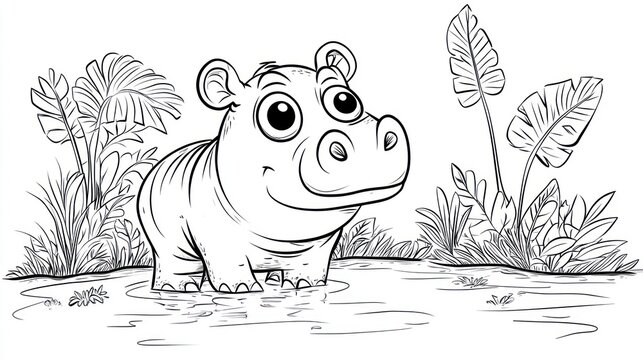 Cartoon hippopotamus illustration in a watery environment with lush tropical foliage