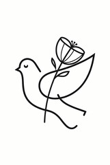 Fototapeta premium Minimalist flying dove holding flower line art for peace and charity branding identity