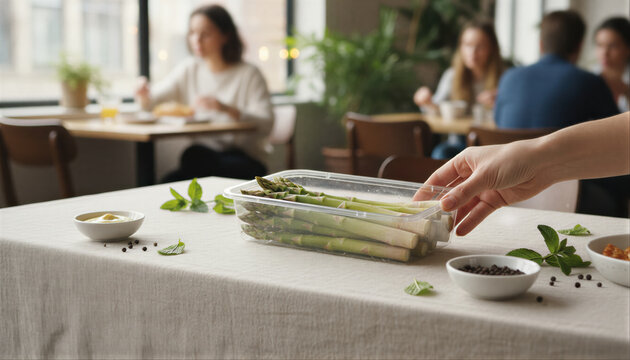 Fresh asparagus punnet on brunch table with hand