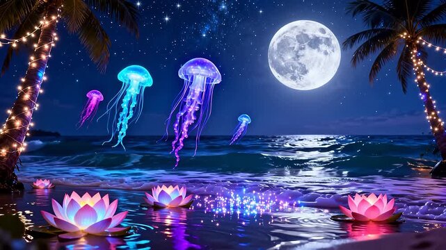 Beach at night with glowing jellyfish and moon