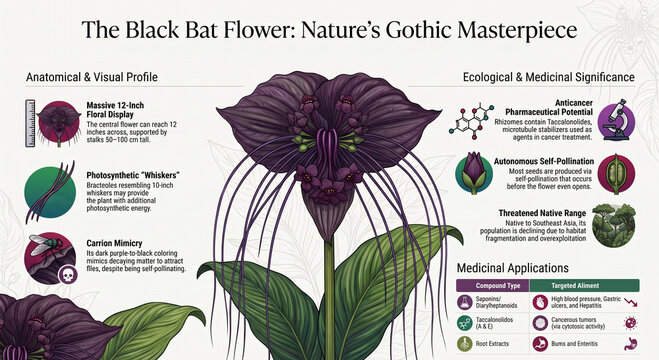Educational infographic exploring Tacca chantrieri, the black bat flower, its botany, habitat, pollination, cultivation and unique form.