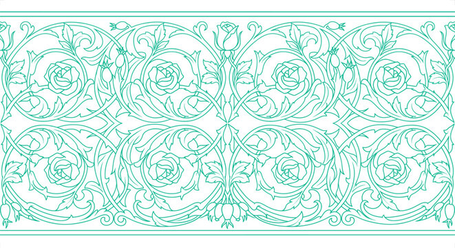 Ornate floral scrollwork design with roses and vine motifs in a continuous repeating pattern for decorative applications