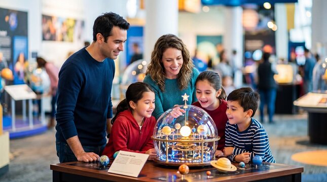 Family viewing illuminated solar system model in planetarium. Man, woman and children examining orrery exhibit with planets. International planetarium day concept