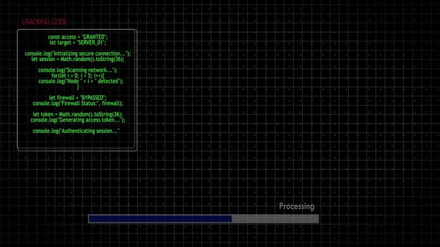 Animated hacking terminal screen with green code and processing progress bar