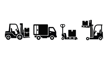 Naklejka premium Sequence of black and white illustrations showing different types of warehouse and logistics forklift trucks in various
