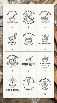 Set of hand drawn cooking and kitchen ingredient logos