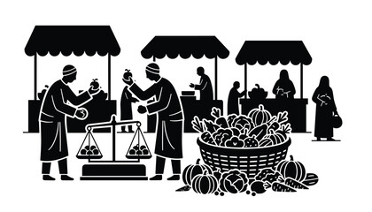 Naklejka premium Black and white illustration of vendors selling fresh produce at a local market with baskets of vegetables and a weighing scale in front.
