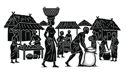 Naklejka premium Black and white artistic depiction of a bustling rural market scene with people carrying baskets of produce and tending to small stalls.
