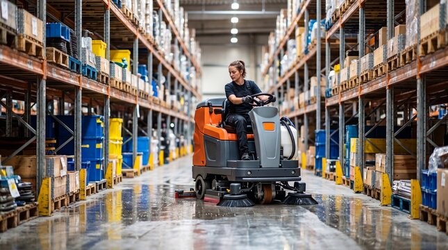 Woman operator cleaning warehouse floor with industrial scrubber machine. Professional maintenance worker servicing logistics facility. Efficient hygiene and sanitation management concept