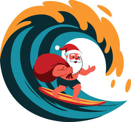 Naklejka premium Santa Surfing on Summer Beach Wave