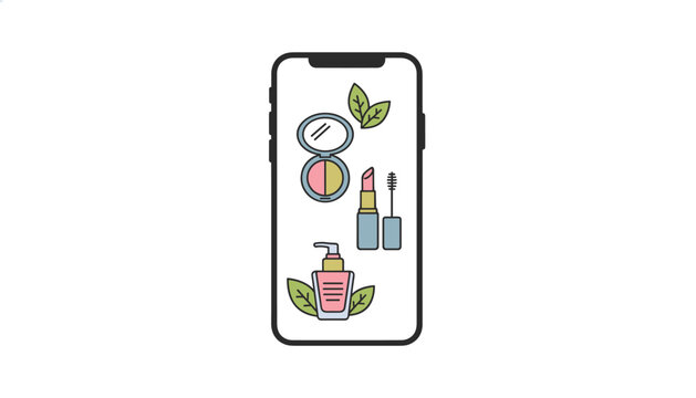 Smartphone screen displaying various makeup and skincare product icons with a flat vector style design for beauty and cosmetic applications.