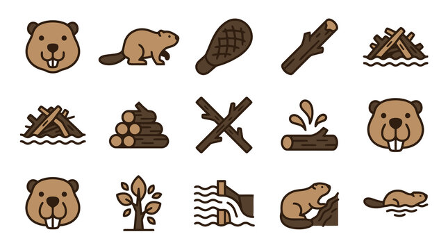 Dynamic Illustrated Set of Brown Beavers and Their Habitat Elements with Logs Trees and Water with high quality professional line art symbols for modern creative design and digital branding projects