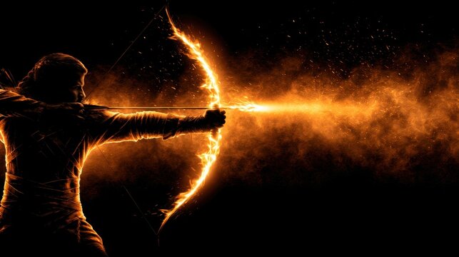 A figure draws a glowing bow, releasing a fiery arrow into a dark, smoky background