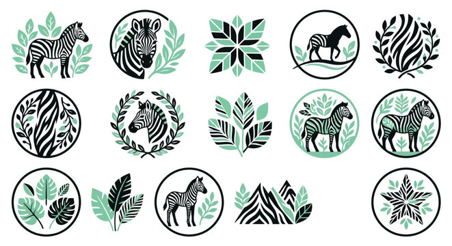 Dynamic Zebra Themed Icons with Black and Mint Green Color Scheme Featuring Various Stylized Designs