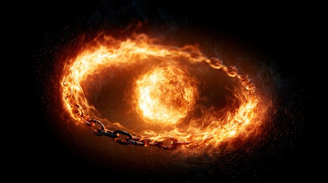 A fiery sphere encircled by glowing chains against a dark background, creating dynamic movement