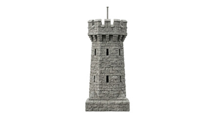Stone medieval watchtower with crenellations and small windows isolated on white © Sapphire