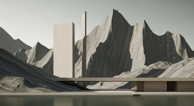 Minimalist modern architecture monoliths in barren rocky landscape