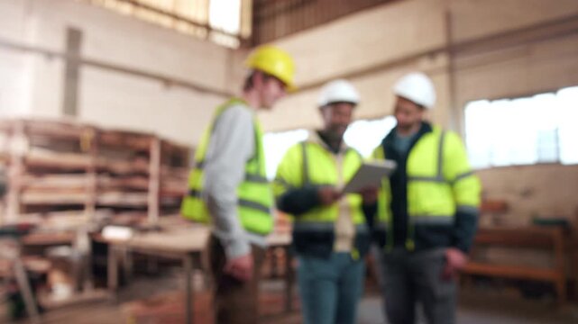 Blur, carpentry and meeting with men in warehouse together for discussion, feedback or report. Conversation, review and tablet with people in woodworking factory for collaboration or online update