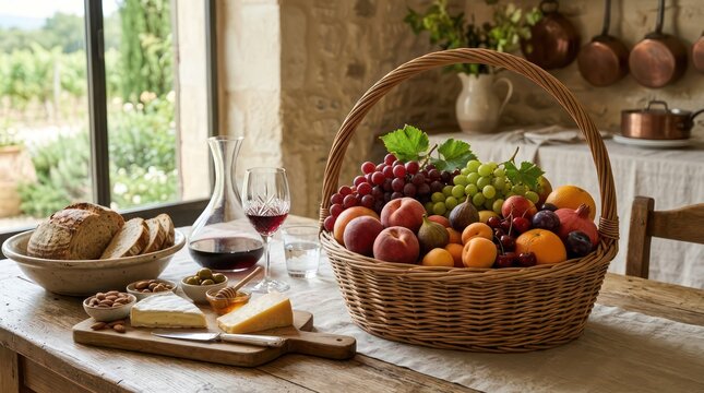 Rustic table set with fruit basket cheese bread and wine