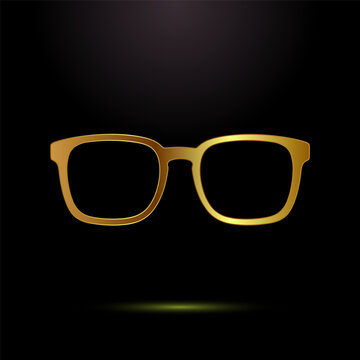 Shiny golden glasses icon isolated on black background for optometry retail design.