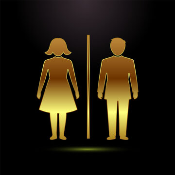 Toilet sign featuring golden silhouette icons for male and female restroom facility.