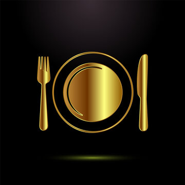 Dinner plate with fork and knife icons in golden metallic finish on black backdrop.