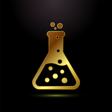 Laboratory flask icon with golden liquid bubbles isolated on solid black background.