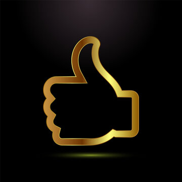 Metallic golden thumb up icon isolated on dark black background for digital button.