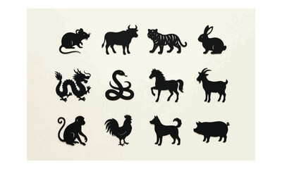 Naklejka premium Chinese Zodiac Animal Silhouettes on Textured Paper