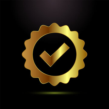 Circular golden check mark badge with jagged edges on black background premium quality.