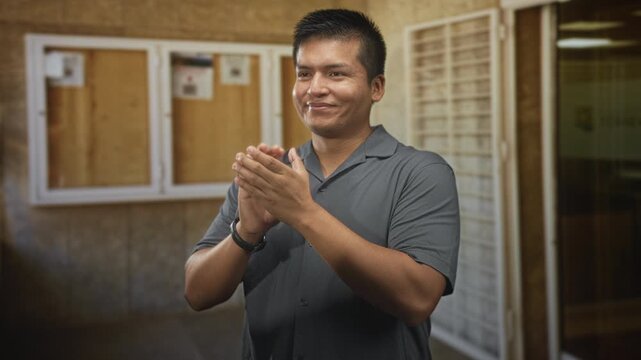 Man clapping hands and smiling, wearing a polo shirt and wristwatch, standing in a building lobby in front of a noticeboard and glass door; approval encouragement.