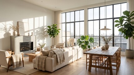 Fototapeta premium Modern Nordic Style Living Room with Tall Windows and Wood Furniture in Sunlight