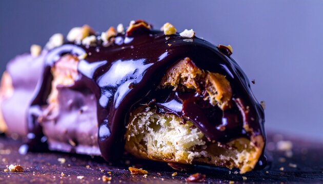 chocolate eclair with chopped nuts and dark glaze on dark surface