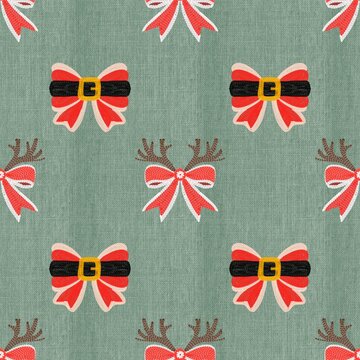 Christmas seamless pattern with Santa belt bows on green fabric textur