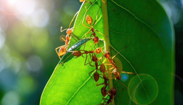 Orange Weaver Ants Nesting on Bright Green Leaf in Sunlight