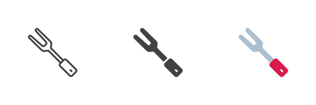 BBQ fork icon, BBQ fork icon in line, solid and flat color, colorful vector sign and symbol for barbecue, grilling, cookout menu or kitchen design.