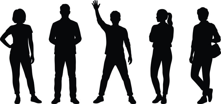 People silhouettes standing in group, casual men and women, person waving hello, diversity crowd illustration for image