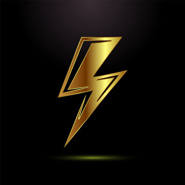 Lightning bolt symbol in golden gradient outline on black background graphic element.