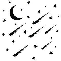 Night sky pattern vector illustration featuring moon stars and falling meteorites rain. © MDJABIRULISLAM