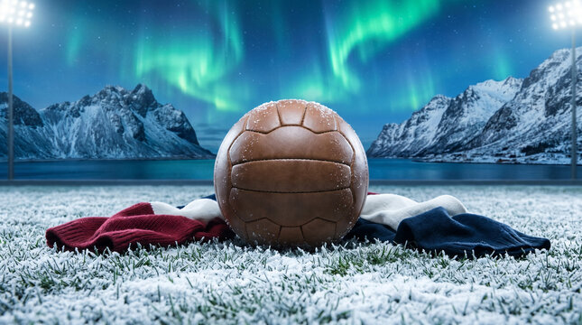 Norway inspired soccer ball scene with snowy mountains, northern lights and stadium lights for World Cup winter football concept