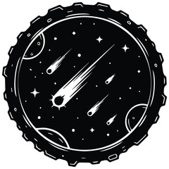 Space night vector illustration of meteorite rain falling over planets in black circular. © MDJABIRULISLAM