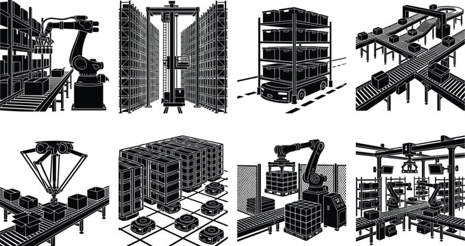 Automated warehouse and smart logistics icon set featuring robotic arms conveyors and autonomous guided vehicles