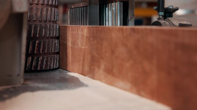 Closeup, machine and carpentry with wood for smooth finish in workshop, process and furniture manufacturing. Industrial jointer, tools or equipment with lumber in factory, woodworking and production