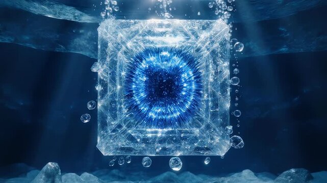 Glowing Frozen Crystal Energy Core Underwater in an Icy Cavern