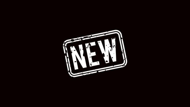 New rubber stamp animation on black background for motion graphics and video editing, Animated new grunge stamp overlay for product launch and marketing videos, Vintage new badge animation 