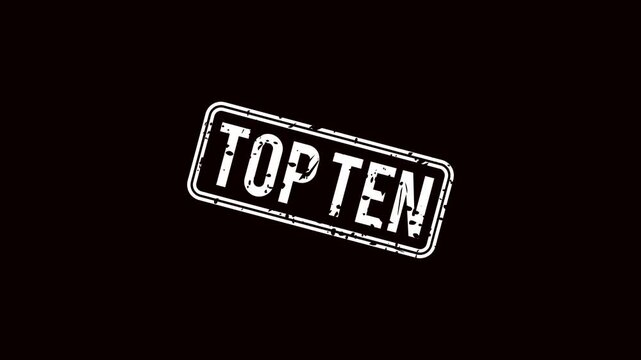 Top ten rubber stamp animation on black background for motion graphics and video editing, Animated top ten grunge stamp overlay for ranking and marketing videos, Vintage top ten badge animation