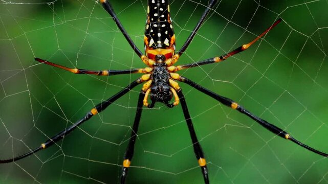 Giant wood spider nephila pilipes eating prey on web close up