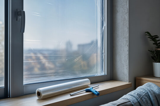 Film isolant pos&eacute; sur une fen&ecirc;tre d'appartement